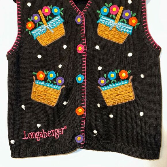 Longaberger BellePoint Vintage Small Black Pink Flower Basket Sweater Vest EUC - Picture 2 of 10